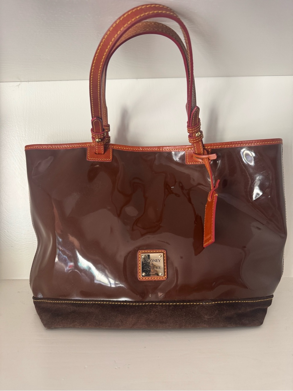 Dooney & Bourke Brown Patent Leather Tote with Tan Trim